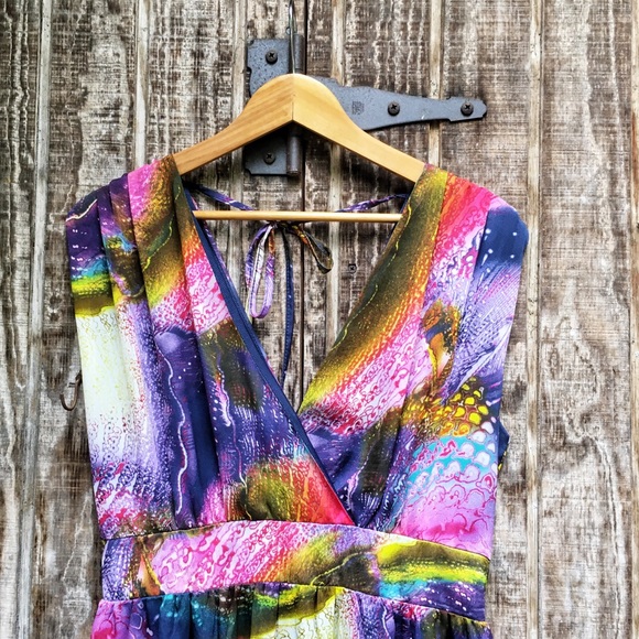 Dirty Ballerina Blue Multi Watercolor Print Drape Back Maxi Dress - Picture 3 of 6